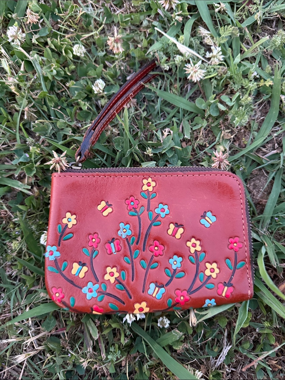 Patricia Nash Brown Floral Appliqué Wristlet Wallet with Multicolor Flowers